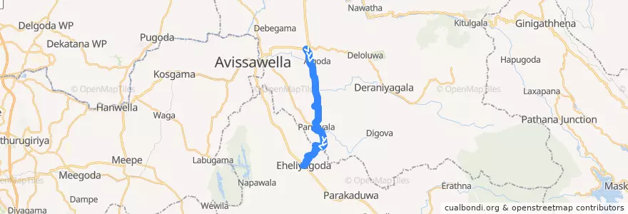 Mapa del recorrido Eheliyagoda Dehiowita Road de la línea  en කෑගල්ල දිස්ත්‍රික්කය.