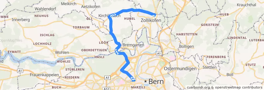 Mapa del recorrido Bus 106: Bern Hauptbahnhof -> Zollikofen Bahnhof de la línea  en Verwaltungsregion Bern-Mittelland.