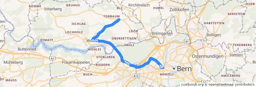 Mapa del recorrido Bus 107: Bern Hauptbahnhof -> Uettligen Dorf de la línea  en Verwaltungsregion Bern-Mittelland.