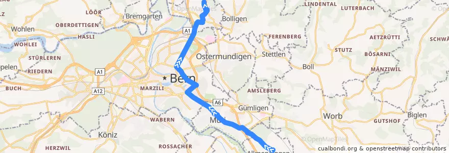 Mapa del recorrido Bus 40: Allmendingen, Käserei => Ittigen, Kappelisacker de la línea  en Verwaltungsregion Bern-Mittelland.