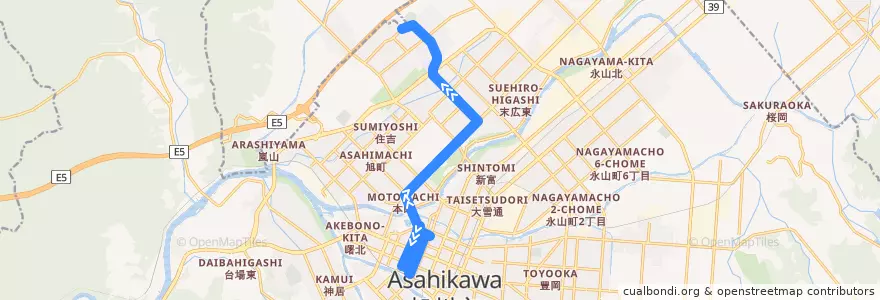 Mapa del recorrido [27]春光台線（末広経由） (Shunkodai Line via Suehiro) de la línea  en 旭川市.