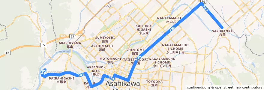Mapa del recorrido [666]旭台上野ファーム線 de la línea  en 旭川市.