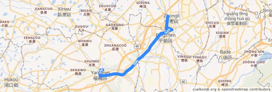 Mapa del recorrido 5623 楊梅→捷運環北站 de la línea  en Taoyuan.