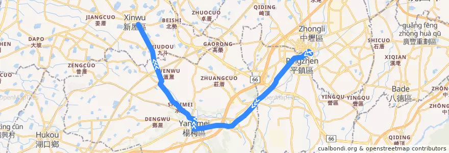 Mapa del recorrido 5654 中壢→楊梅→新屋 de la línea  en 타오위안 시.