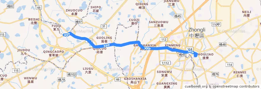 Mapa del recorrido 131 富源→中壢 de la línea  en 桃園市.