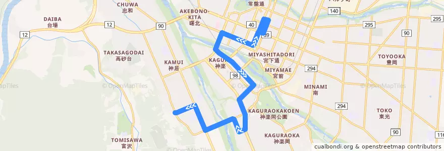 Mapa del recorrido [450]伊の沢線（神楽経由） (Inosawa Line via Kagura) de la línea  en 旭川市.