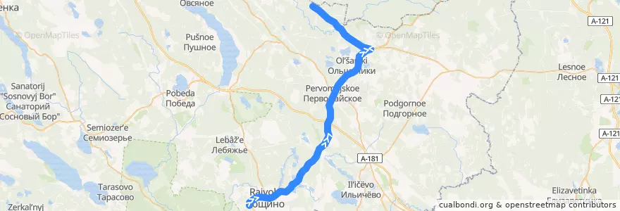 Mapa del recorrido Автобус № 124: Рощино - Первомайское-1 de la línea  en Выборгский район.