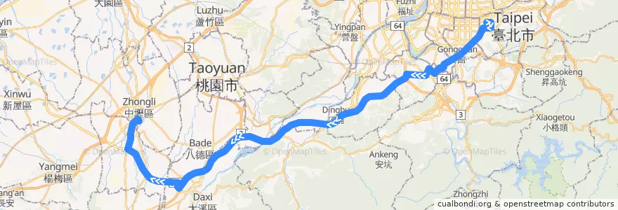 Mapa del recorrido 9001 臺北市東南區→國道3號→中壢市 (往中壢) de la línea  en Taïwan.