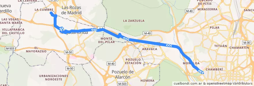 Mapa del recorrido Bus 652: Madrid (Moncloa) → Majadahonda (Carril del Tejar) de la línea  en Área metropolitana de Madrid y Corredor del Henares.