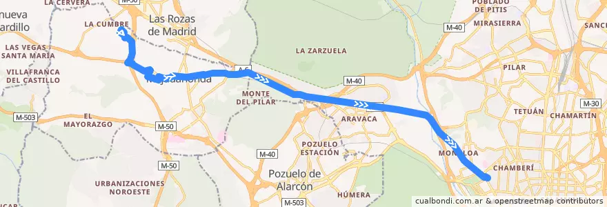 Mapa del recorrido Bus 652: Majadahonda (Carril del Tejar) → Madrid (Moncloa) de la línea  en Área metropolitana de Madrid y Corredor del Henares.