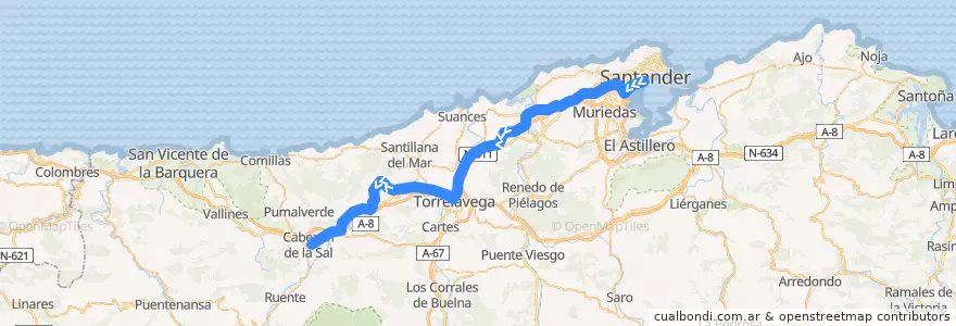Mapa del recorrido S-1 Santander-Cabezón de la Sal de la línea  en Cantabria.