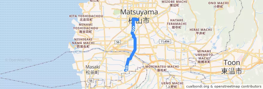 Mapa del recorrido 北伊予線 (北伊予駅前 - 千舟町六 - 松山市駅) de la línea  en Prefectura de Ehime.