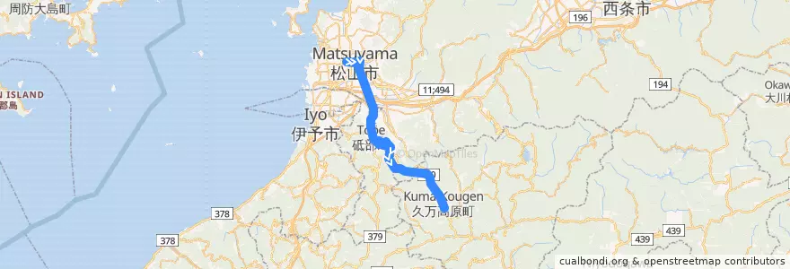Mapa del recorrido 久万高原線 (松山 - 久万高原) de la línea  en 에히메현.