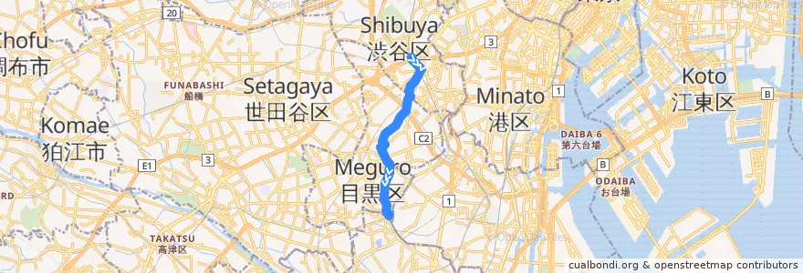 Mapa del recorrido 洗足線 de la línea  en 東京都.