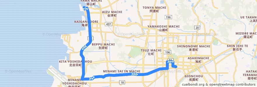 Mapa del recorrido 三津吉田線 (三津港 - コムズ前 - 松山市駅) de la línea  en 松山市.