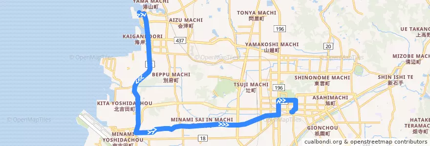 Mapa del recorrido 三津吉田線 (三津港 - 市役所前 - 松山市駅) de la línea  en 松山市.
