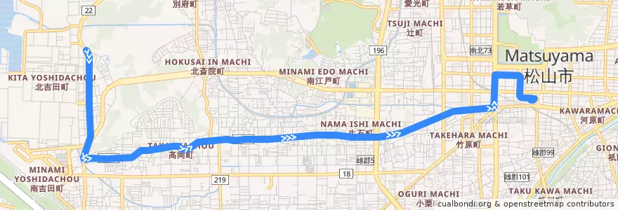 Mapa del recorrido 三津吉田線 (金比羅前 - コムズ前 - 松山市駅) de la línea  en 松山市.