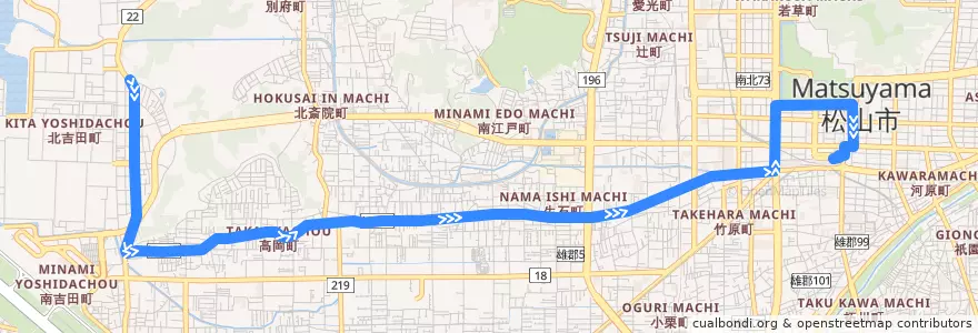 Mapa del recorrido 三津吉田線 (金比羅前 - 市役所前 - 松山市駅) de la línea  en 松山市.