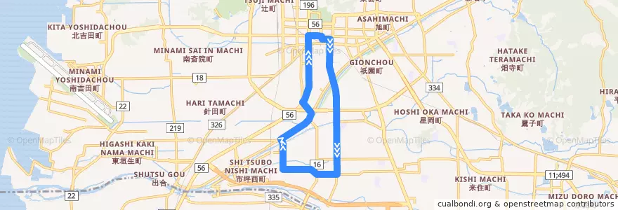 Mapa del recorrido 市坪・はなみずき線 (はなみずきまわり) de la línea  en 松山市.
