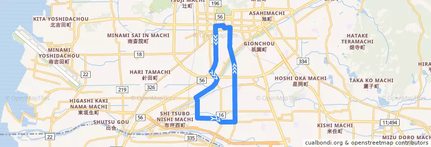 Mapa del recorrido 市坪・はなみずき線 (市坪まわり) de la línea  en 松山市.