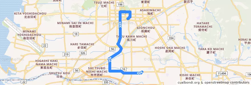 Mapa del recorrido 市坪・はなみずき線 (椿神社前 - 市坪 - 市役所前 - 松山市駅) de la línea  en 松山市.
