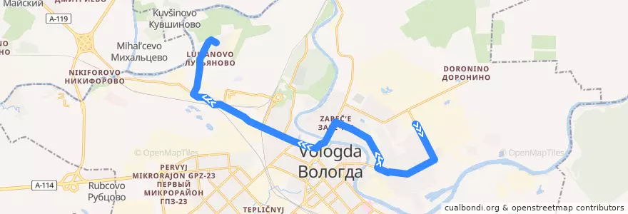 Mapa del recorrido Автобус №8: Дальняя - Лукьяново de la línea  en ヴォログダ管区.