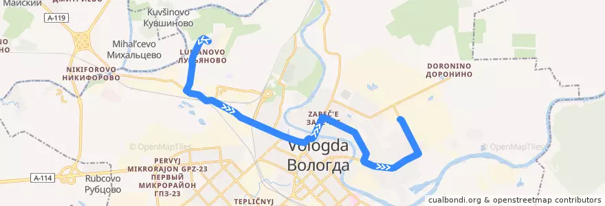 Mapa del recorrido Автобус №8: Лукьяново - Дальняя de la línea  en городской округ Вологда.