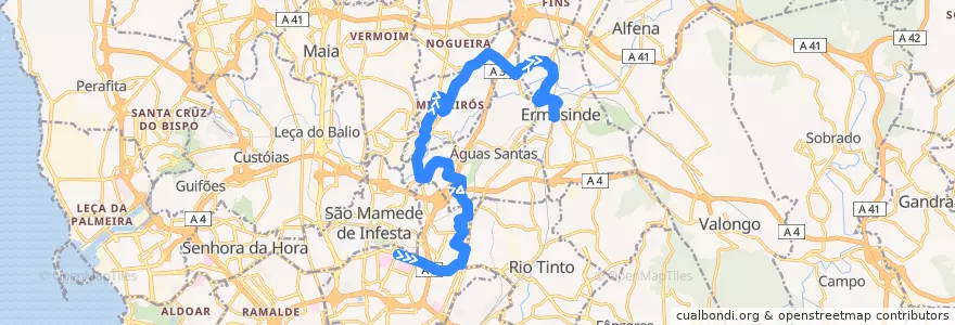 Mapa del recorrido 706: Hospital S. João => Ermesinde de la línea  en Área Metropolitana do Porto.