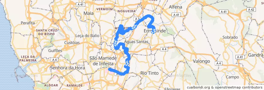 Mapa del recorrido 707: Ermesinde => Hospital S. João de la línea  en Área Metropolitana do Porto.