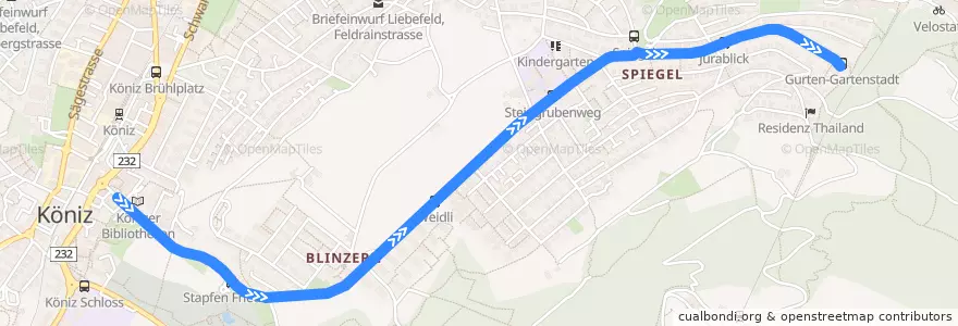 Mapa del recorrido Bus 16: Köniz Zentrum => Gurten-Gartenstadt de la línea  en Köniz.