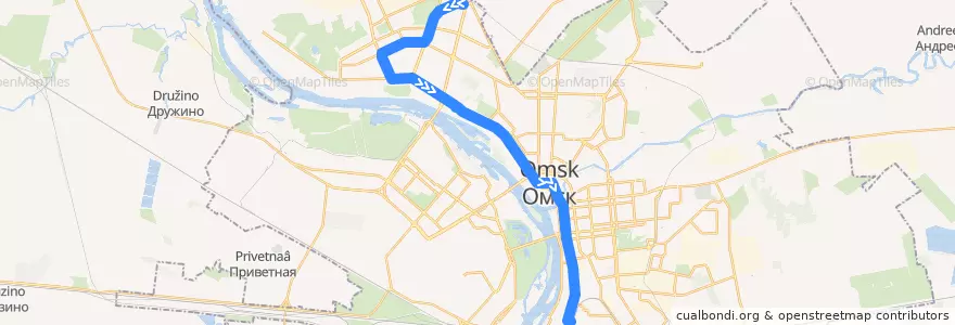 Mapa del recorrido Автобус №69 : Стрельникова - Железнодорожный вокзал de la línea  en オムスク管区.