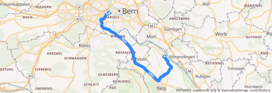 Mapa del recorrido Bus 334: Bern Bahnhof => Bern Flughafen [Direktkurs] de la línea  en Verwaltungsregion Bern-Mittelland.
