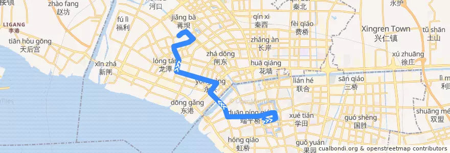 Mapa del recorrido 1路: 环西文化广场 => 唐闸古镇公交停车场 de la línea  en Nantong City.