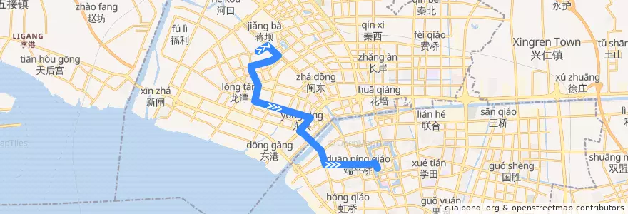 Mapa del recorrido 1路: 唐闸古镇公交停车场 => 环西文化广场 de la línea  en 南通市.