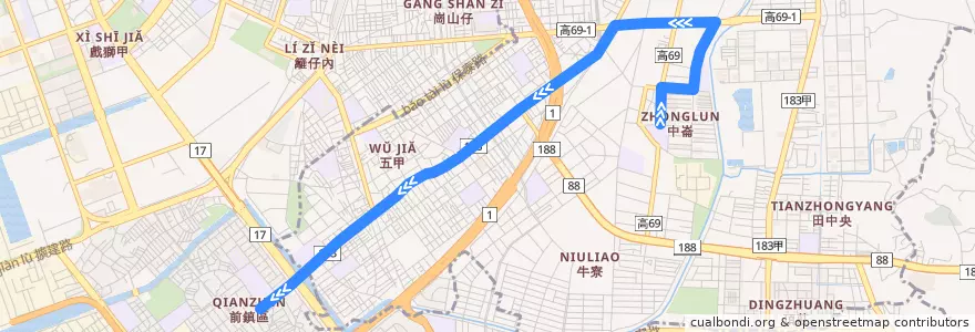 Mapa del recorrido 五甲幹線A(返程) de la línea  en Kaohsiung.