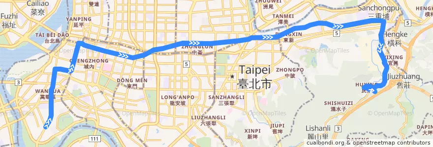 Mapa del recorrido 臺北市 205 中華科大-東園 (返程) de la línea  en Taipei.
