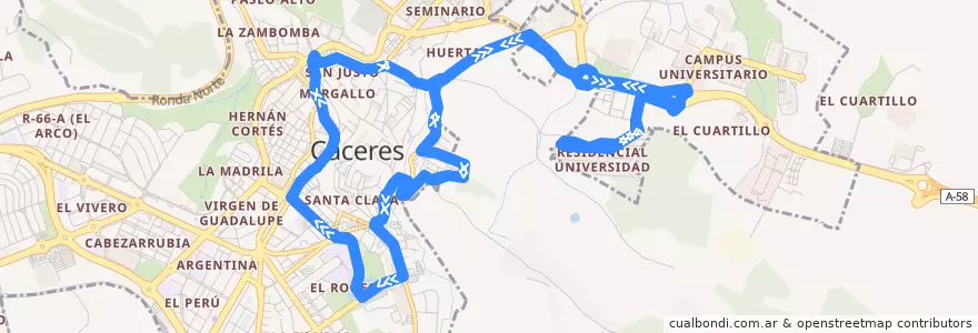Mapa del recorrido L6 (Plaza Obispo Galarza - Residencial Universidad) de la línea  en Cáceres.