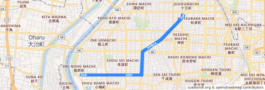 Mapa del recorrido 稲.本 de la línea  en 中村区.