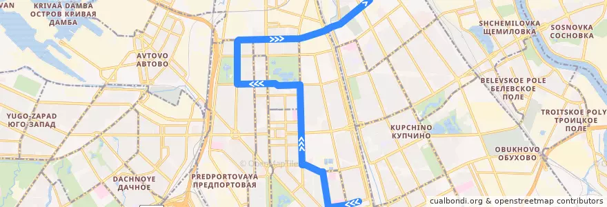 Mapa del recorrido Автобус № 36: Звёздная улица => станция метро "Бухарестская" de la línea  en Московский район.