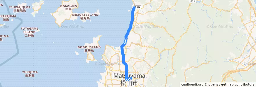 Mapa del recorrido 北条線 ナイトバス (大街道 - 県庁前 - 南堀端 - 堀江 - 北条) de la línea  en 松山市.
