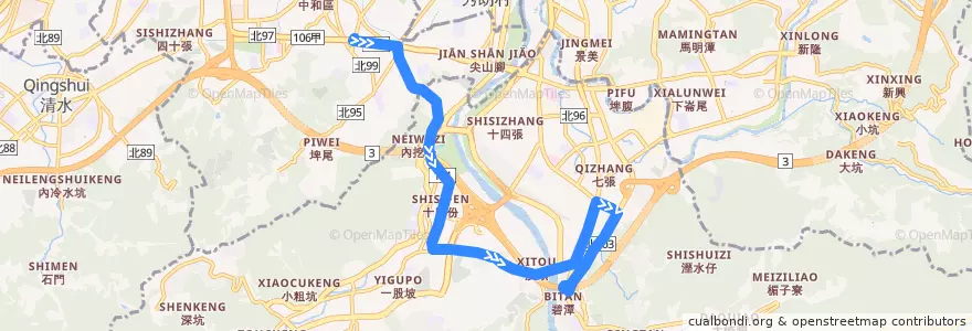 Mapa del recorrido 新北市 8 捷運新店站-捷運景安站 (返程) de la línea  en Nuevo Taipéi.