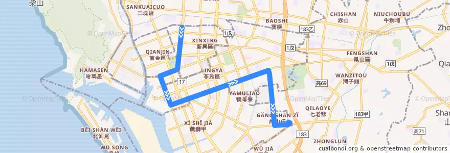 Mapa del recorrido 100路(返程) de la línea  en 가오슝시.