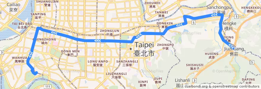 Mapa del recorrido 臺北市 212 舊莊-青年公園 (往程) de la línea  en Taipei.