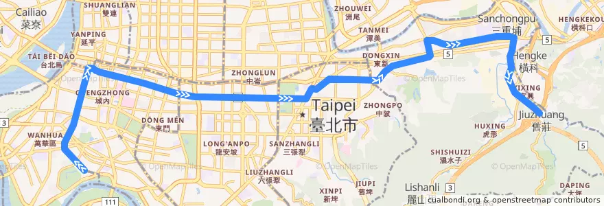 Mapa del recorrido 臺北市 212 青年公園-舊莊 (返程) de la línea  en Taipei.