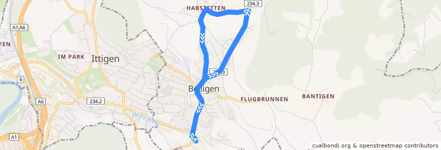 Mapa del recorrido Bus 46: Bolligen, Bahnhof => Habstetten, Rössli => Bolligen, Bahnhof de la línea  en Bolligen.