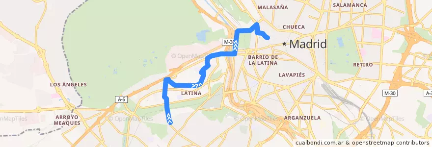 Mapa del recorrido Bus 500: Glorieta de los Cármenes → Ópera de la línea  en 마드리드.