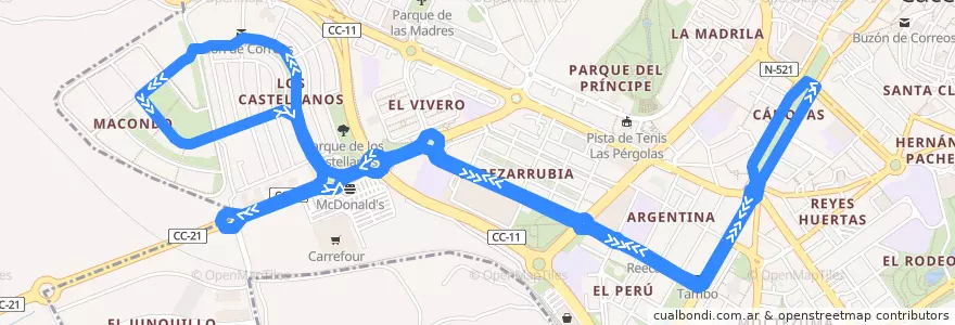 Mapa del recorrido L9 (Macondo - Avenida de España) de la línea  en Cáceres.