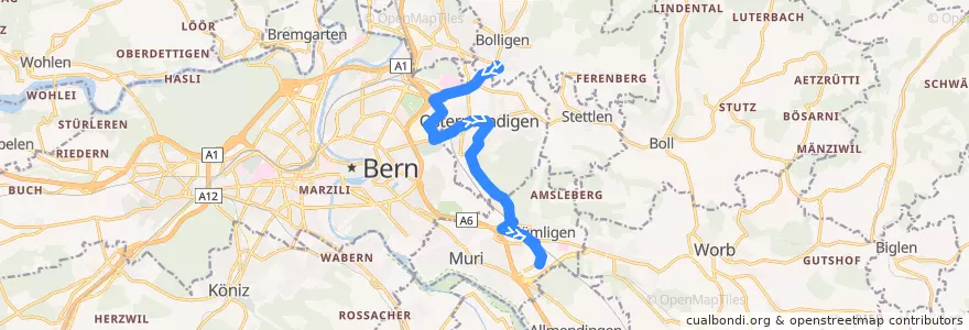 Mapa del recorrido Bus 44: Bolligen, Bahnhof => Gümligen, Sonnenfeld de la línea  en Verwaltungsregion Bern-Mittelland.
