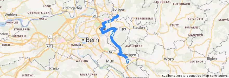 Mapa del recorrido Bus 44: Gümligen, Sonnenfeld => Bolligen, Bahnhof de la línea  en Verwaltungsregion Bern-Mittelland.