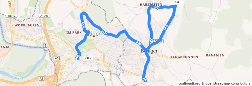 Mapa del recorrido Bus 48: Papiermühle => Boilligen, Bahnhof de la línea  en Verwaltungsregion Bern-Mittelland.
